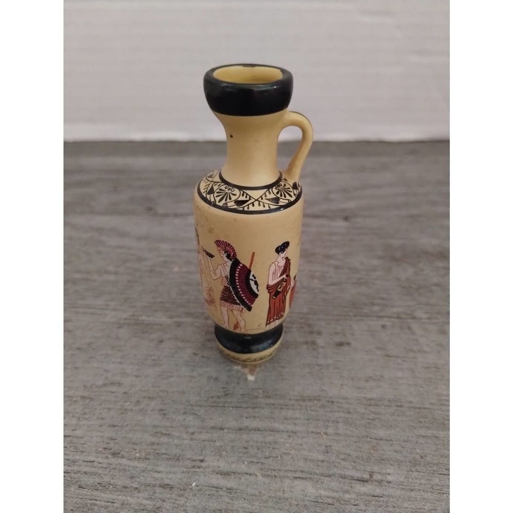 Greek Roman Scene Tan & Black 3 1/4" Miniature Vase ff 1983 Crafted in Japan